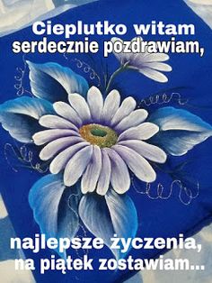 Niebieska kartka z białym kwiatem i pozdrowieniami na piątek